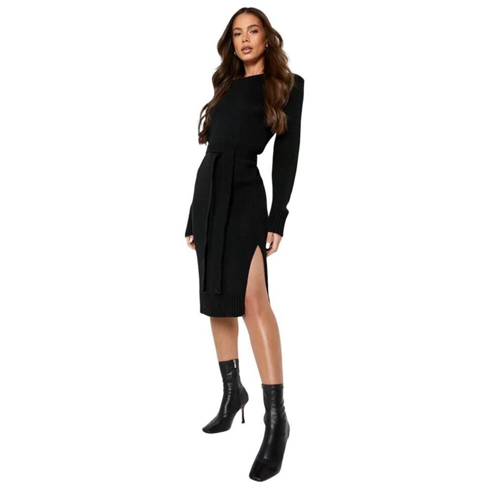 Good American Belted Body Dress Black Size 3 L Dolman Sleeve Rib Knit Midi NWT